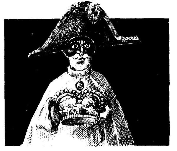 Un Pulcinella avec un chapeau bicorne noir sur la tête et une couronne d'empereur dans les mains